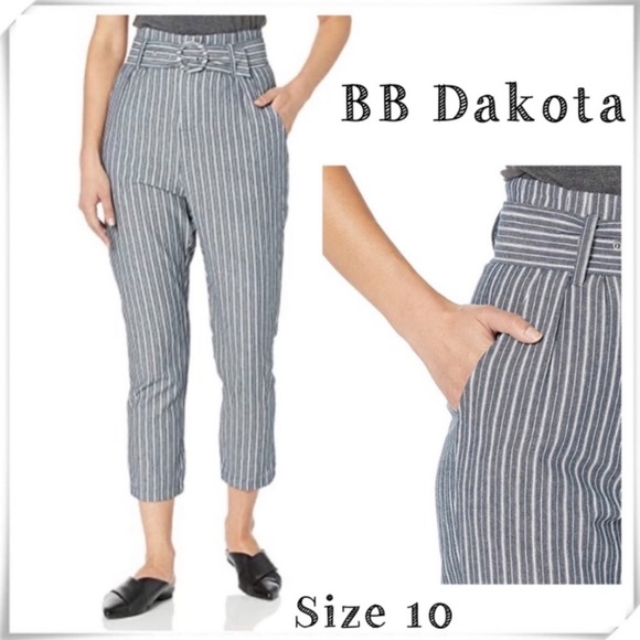 Bb Dakota Get in Line Stripe High Rise Crop Pants in Blue with White Size 10 New - Picture 1 of 7
